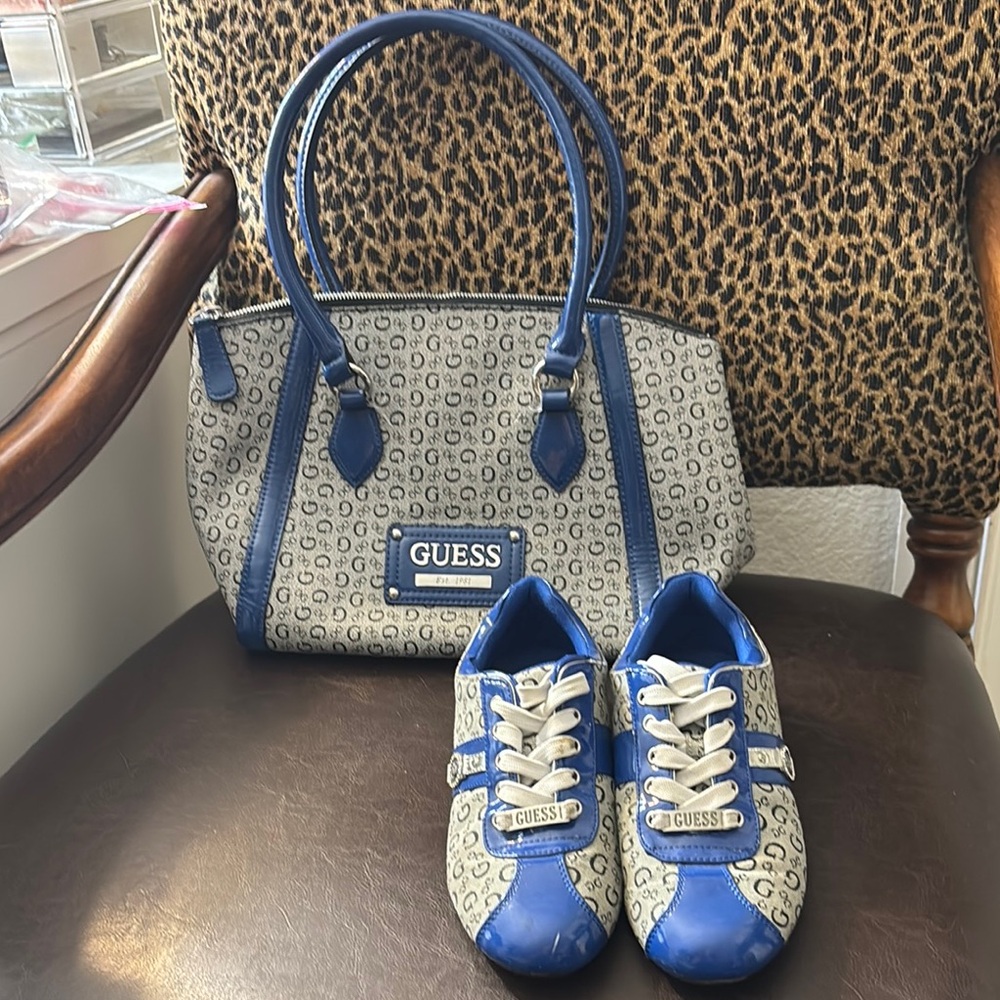 GUESS Blue and Gray Patterned Bag and Sneakers